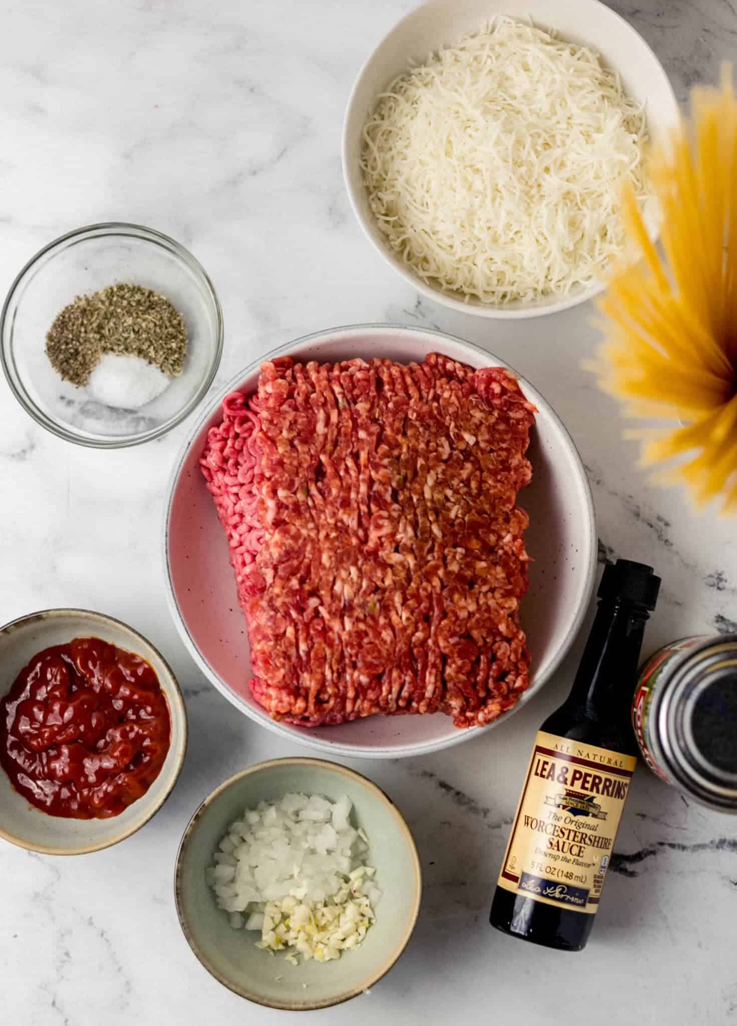 overhead view of ingredients needed to make spaghetti