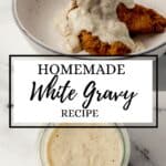 Two photos of finished gravy on pin with text overlay.