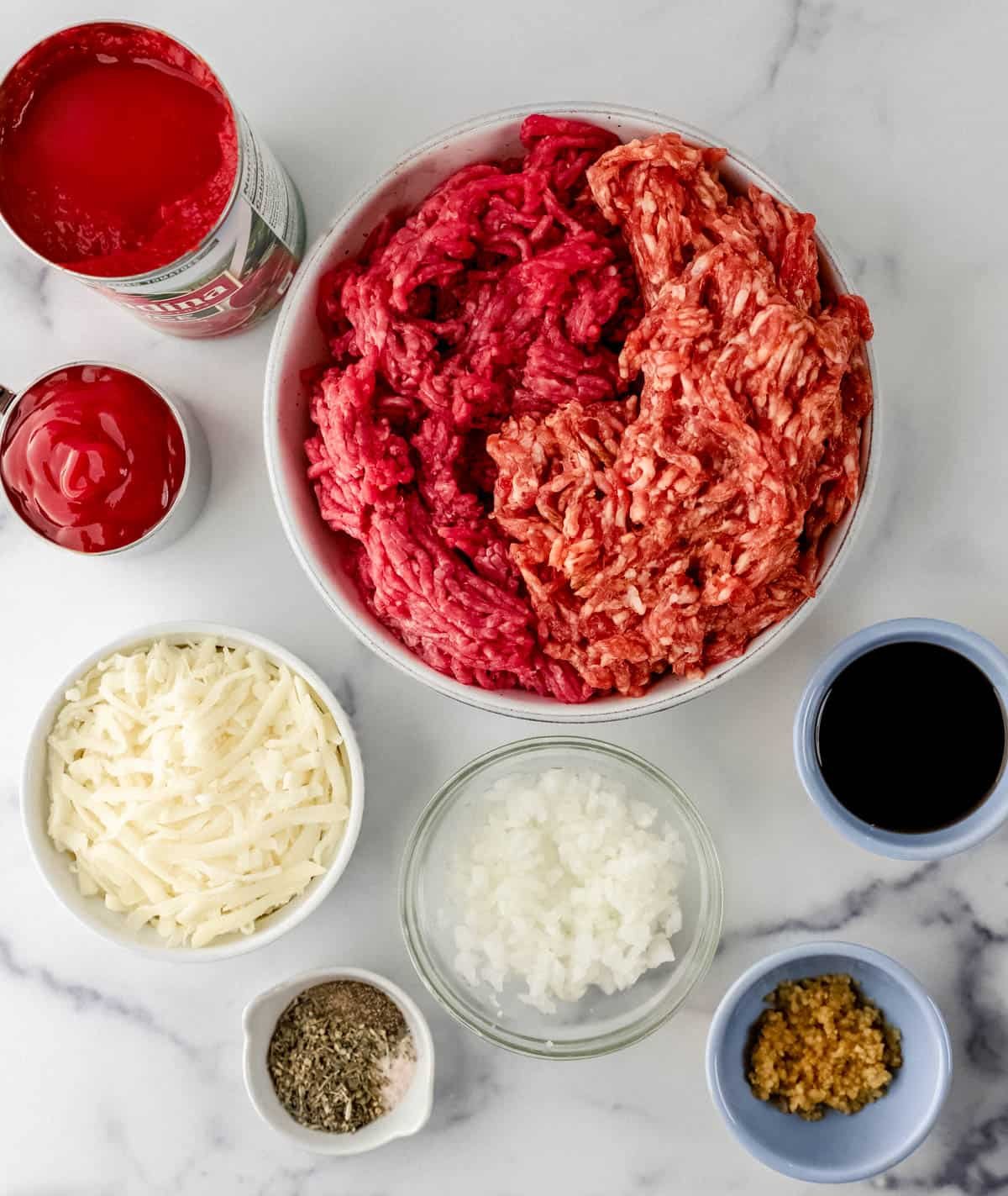 Overhead view of ingredients need to make spaghetti. 