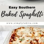 Two photos of finished spaghetti on pin with text overlay.