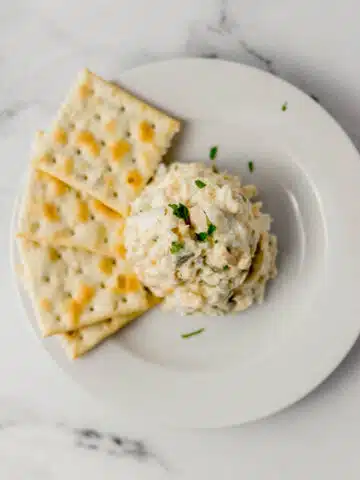single serving of finished tuna salad on white plate with saltines
