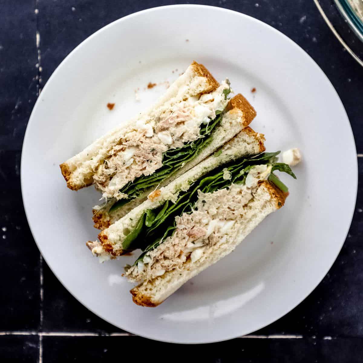 Overhead view of tuna salad sandwich on white plate.