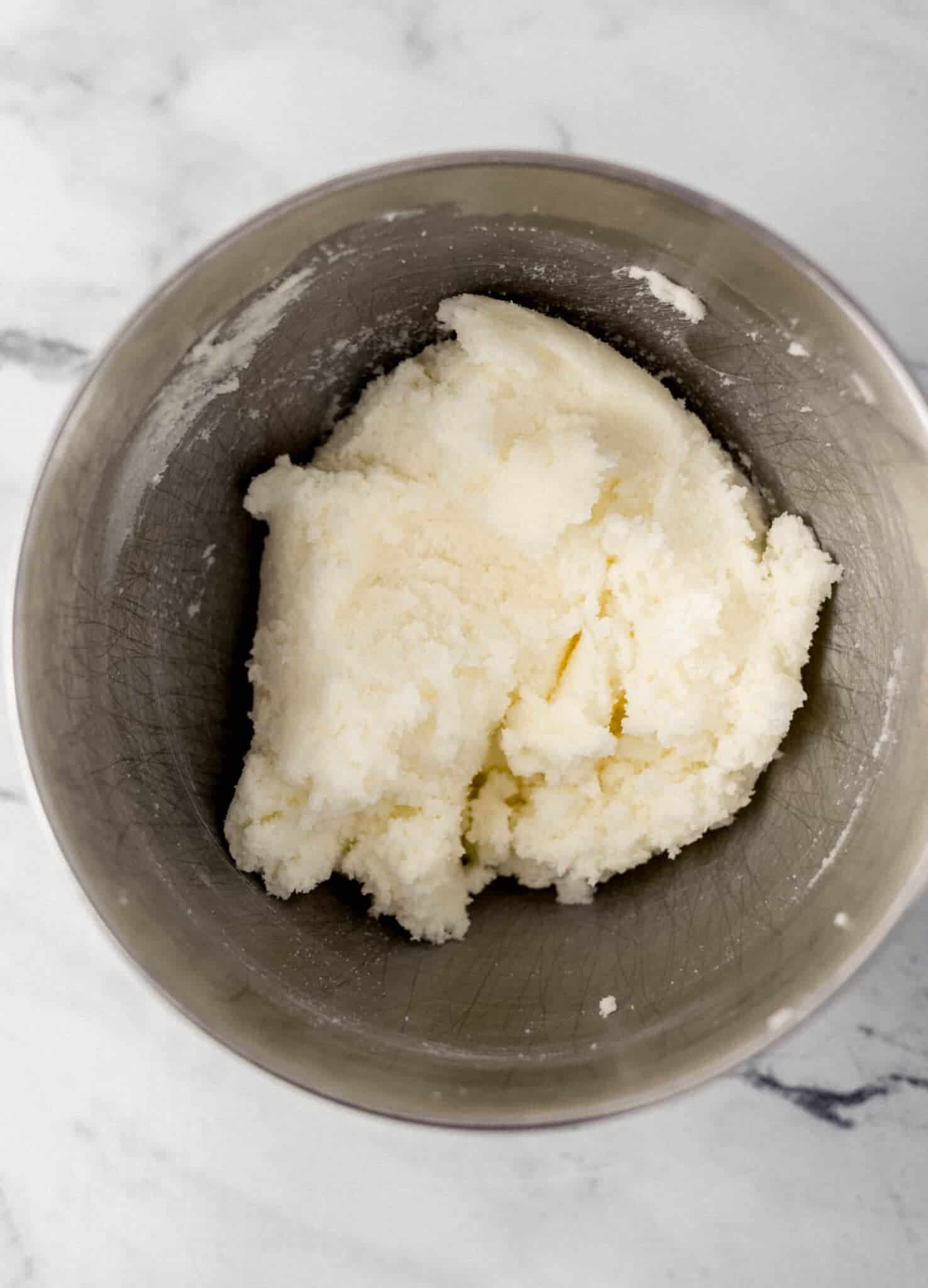 butter, shortening, and sugar combined in stand mixer bowl 