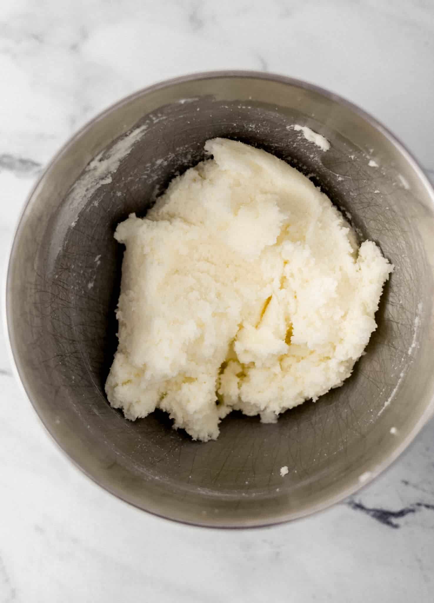 butter, shortening, and sugar combined in stand mixer bowl