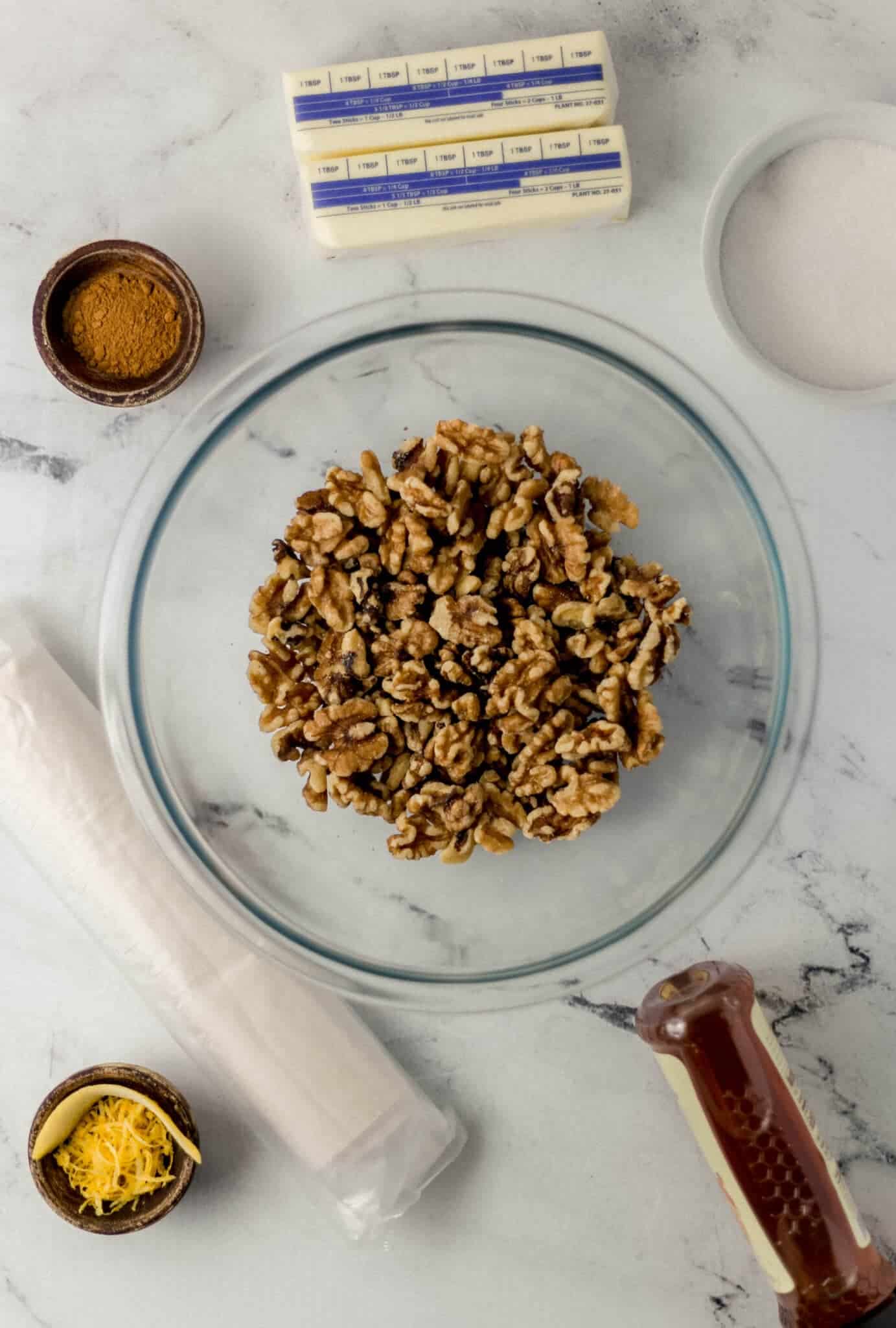 overhead view of ingredients needed to make baklava in separate containers