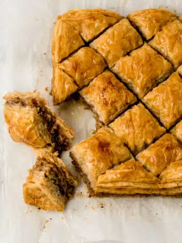 overhead view of finished baklava on parchment paper