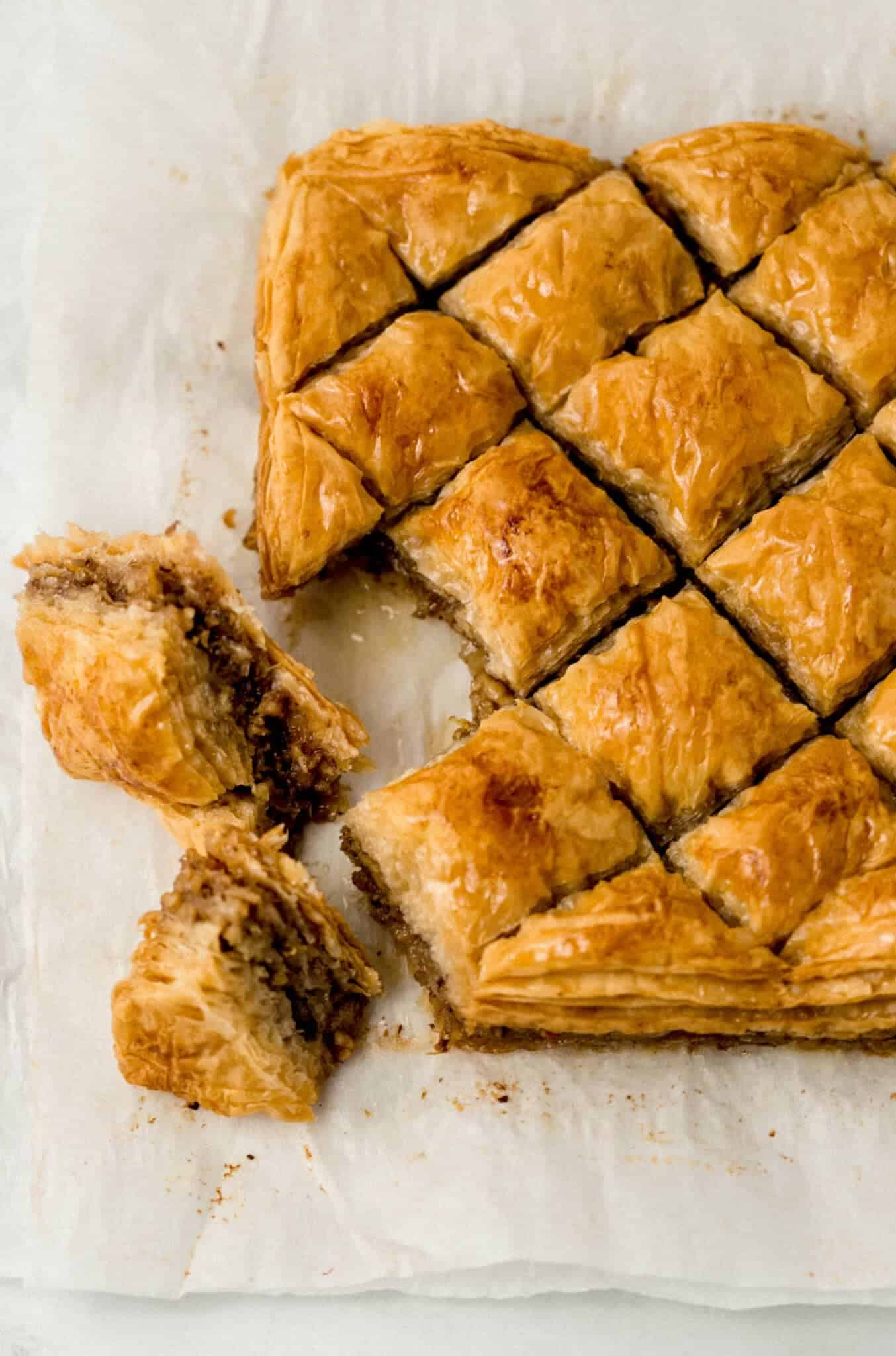 overhead view of finished baklava on parchment paper 