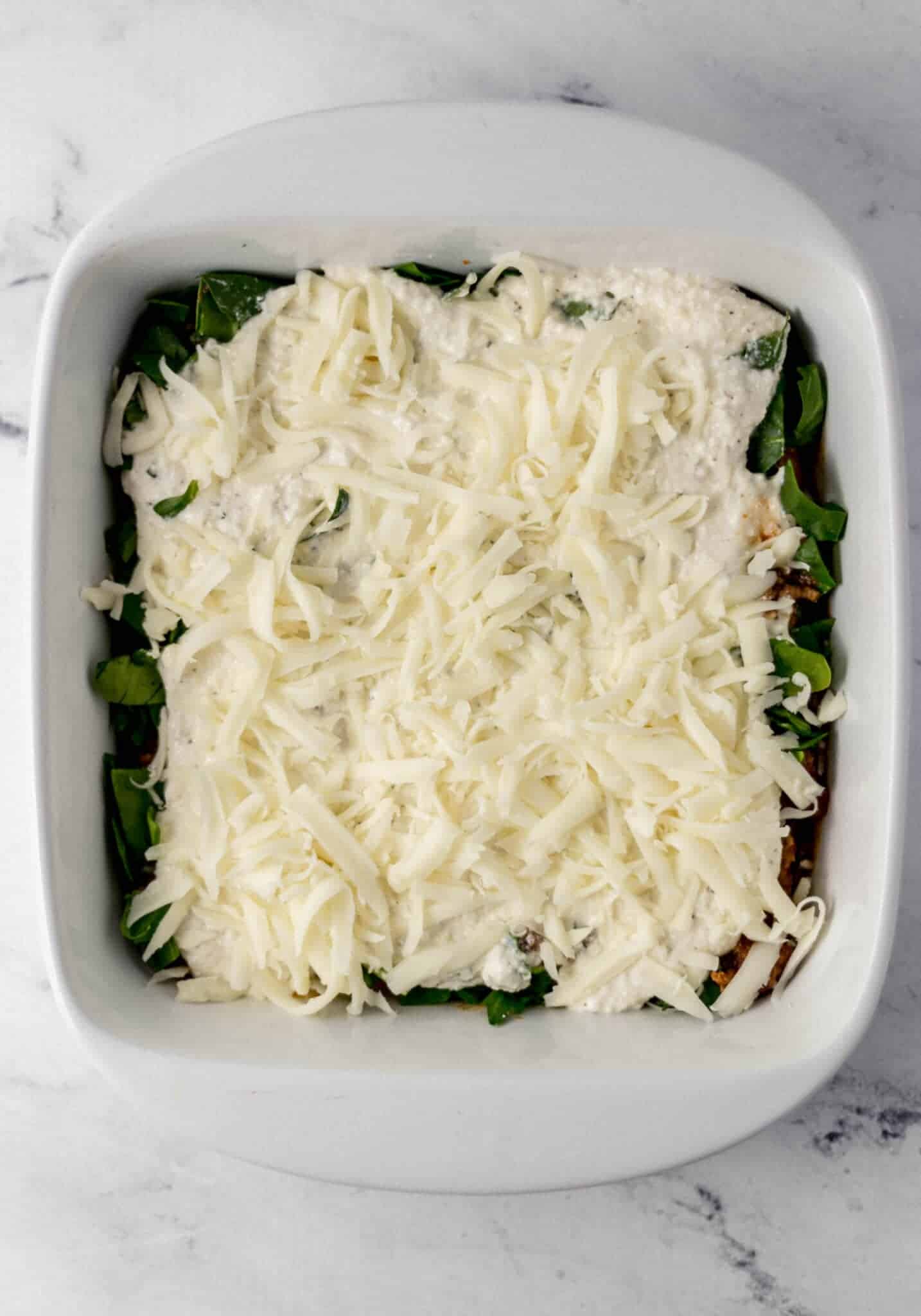 overhead view of first layer of lasagna build in white baking dish 