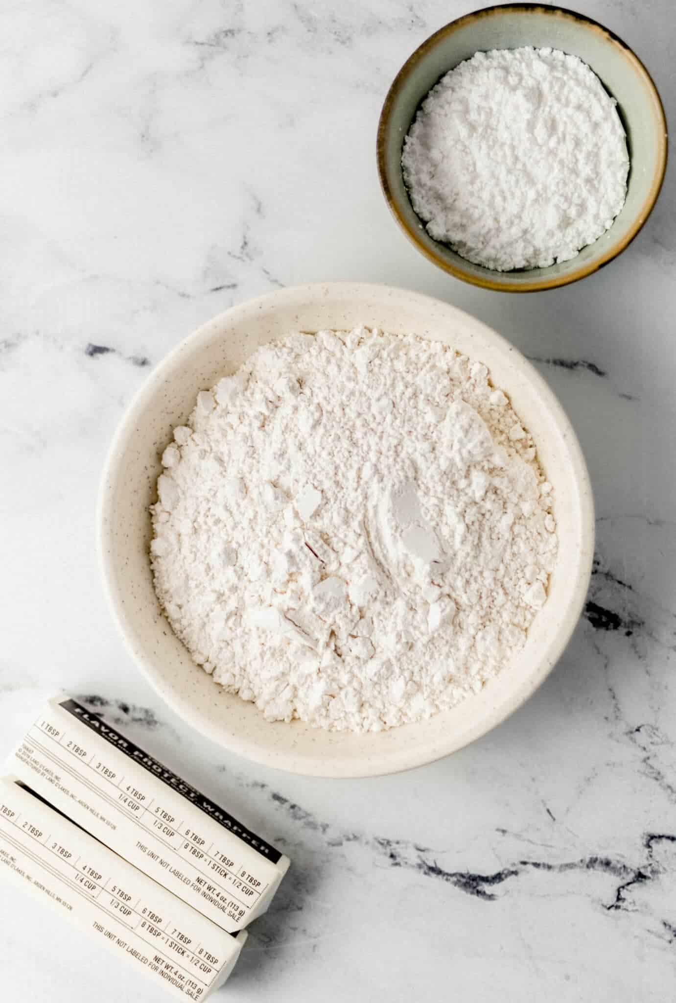 overhead view of three ingredients needed to make cookies