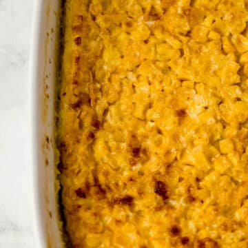 overhead view of finished corn pudding in baking dish