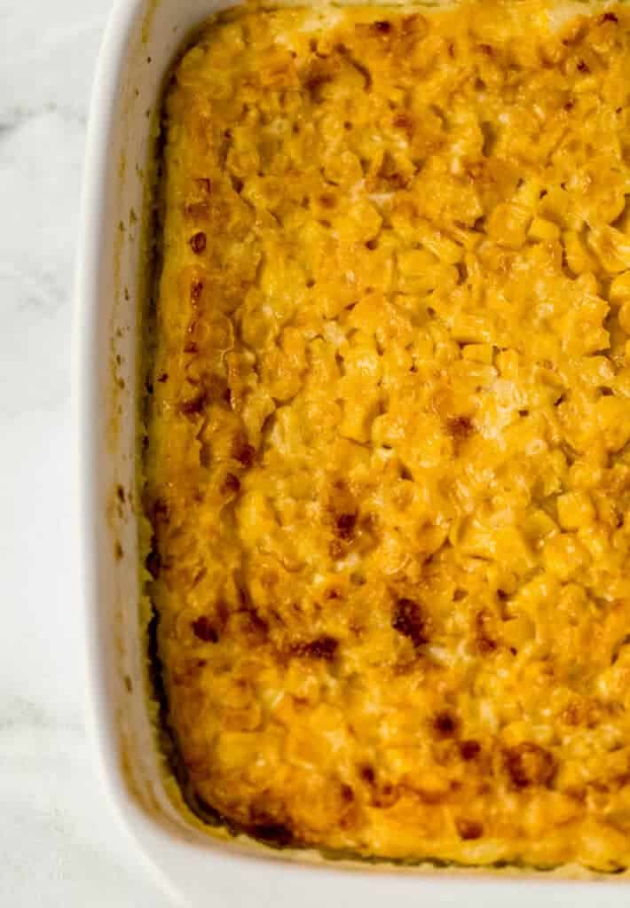 overhead view of finished corn pudding in baking dish