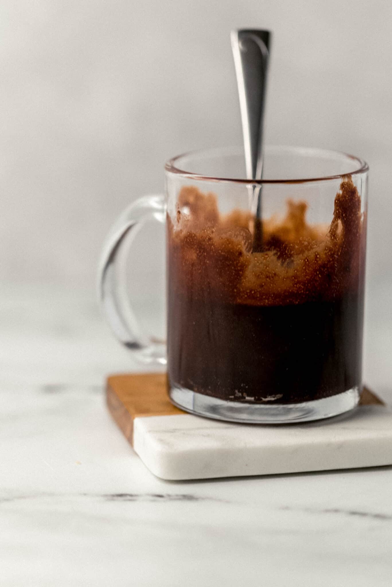 close up side view of mug brownie before placing in the microwave