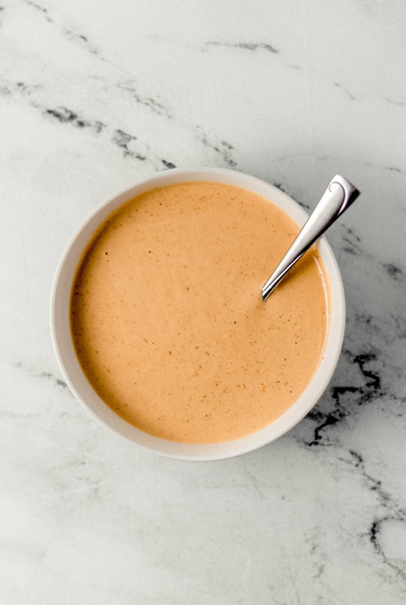 sauce in white bowl with spoon in it on marble surface 