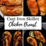 Four photos of process to make chicken breast on pin with text overlay.