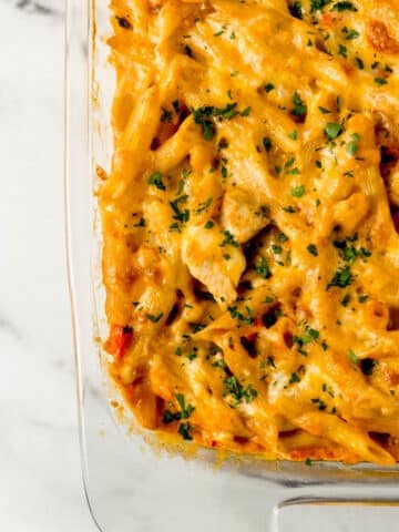 overhead view of finished pasta in glass baking dish