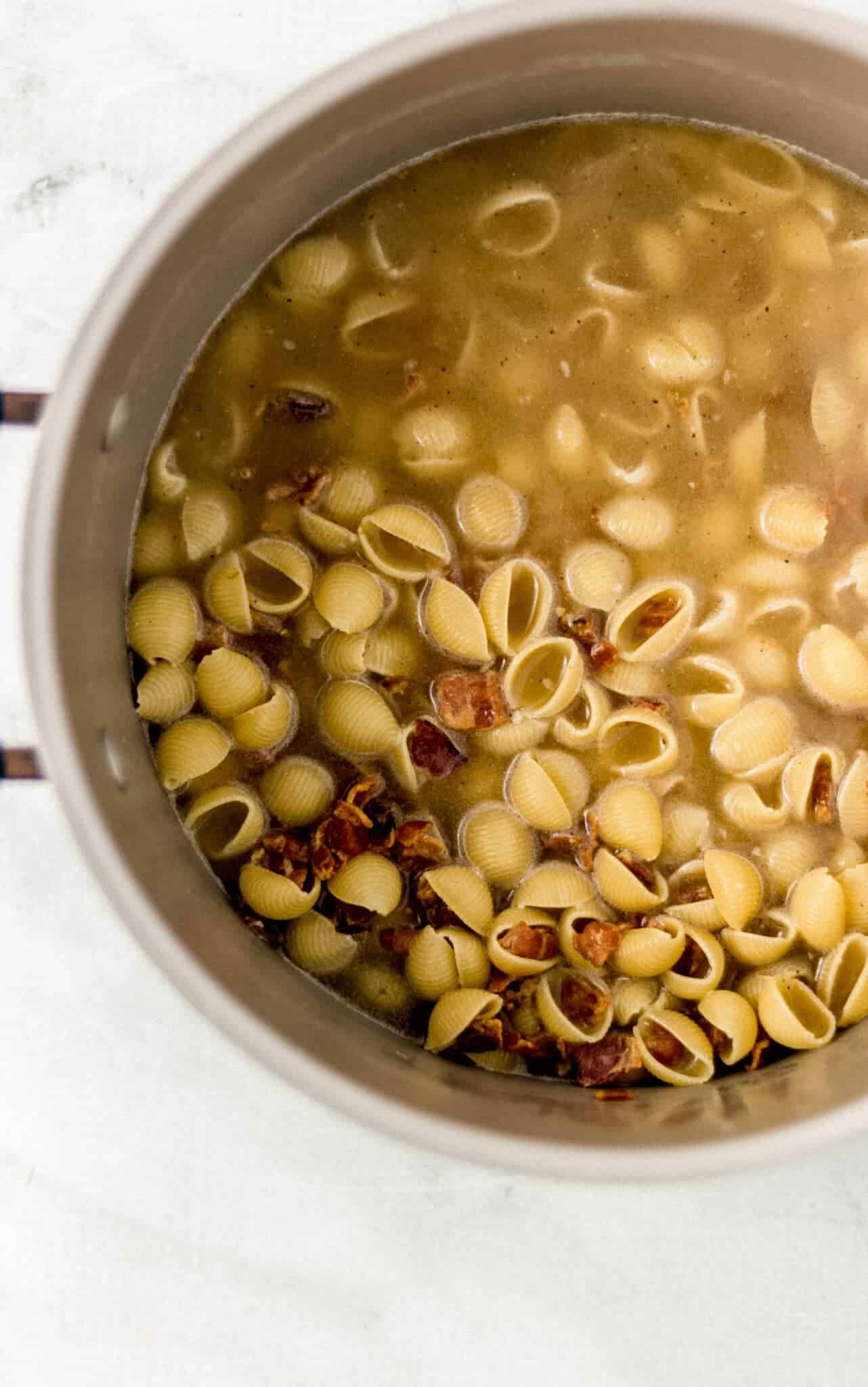 pasta, water, chicken stock, bacon, and garlic in pot 