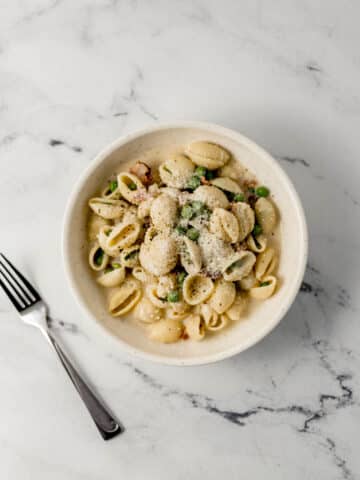 overhead view of bowl of alfredo pasta topped with parmesan beside a fork