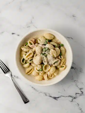 overhead view of bowl of alfredo pasta topped with parmesan beside a fork