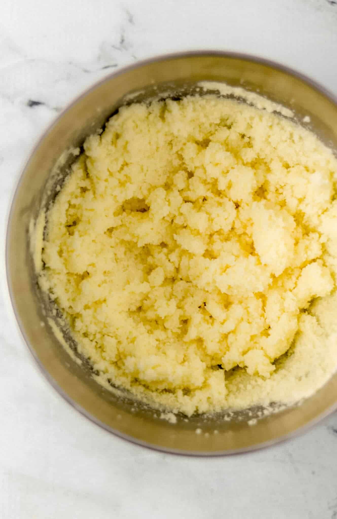 butter and sugar combined in stand mixer bowl
