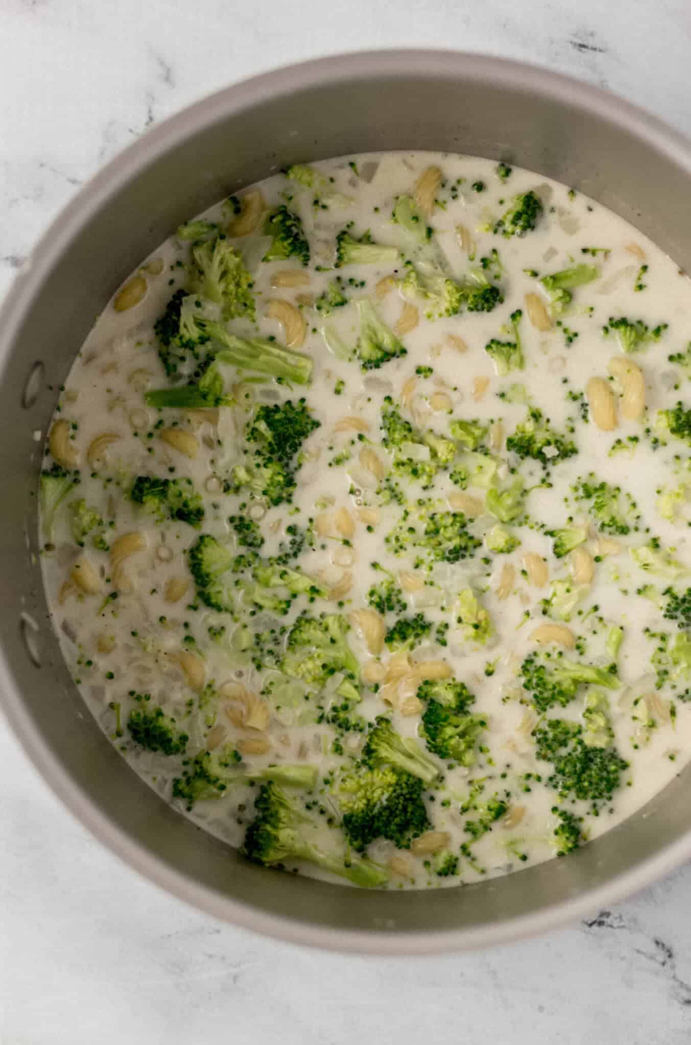 chopped broccoli added to pasta in pot 