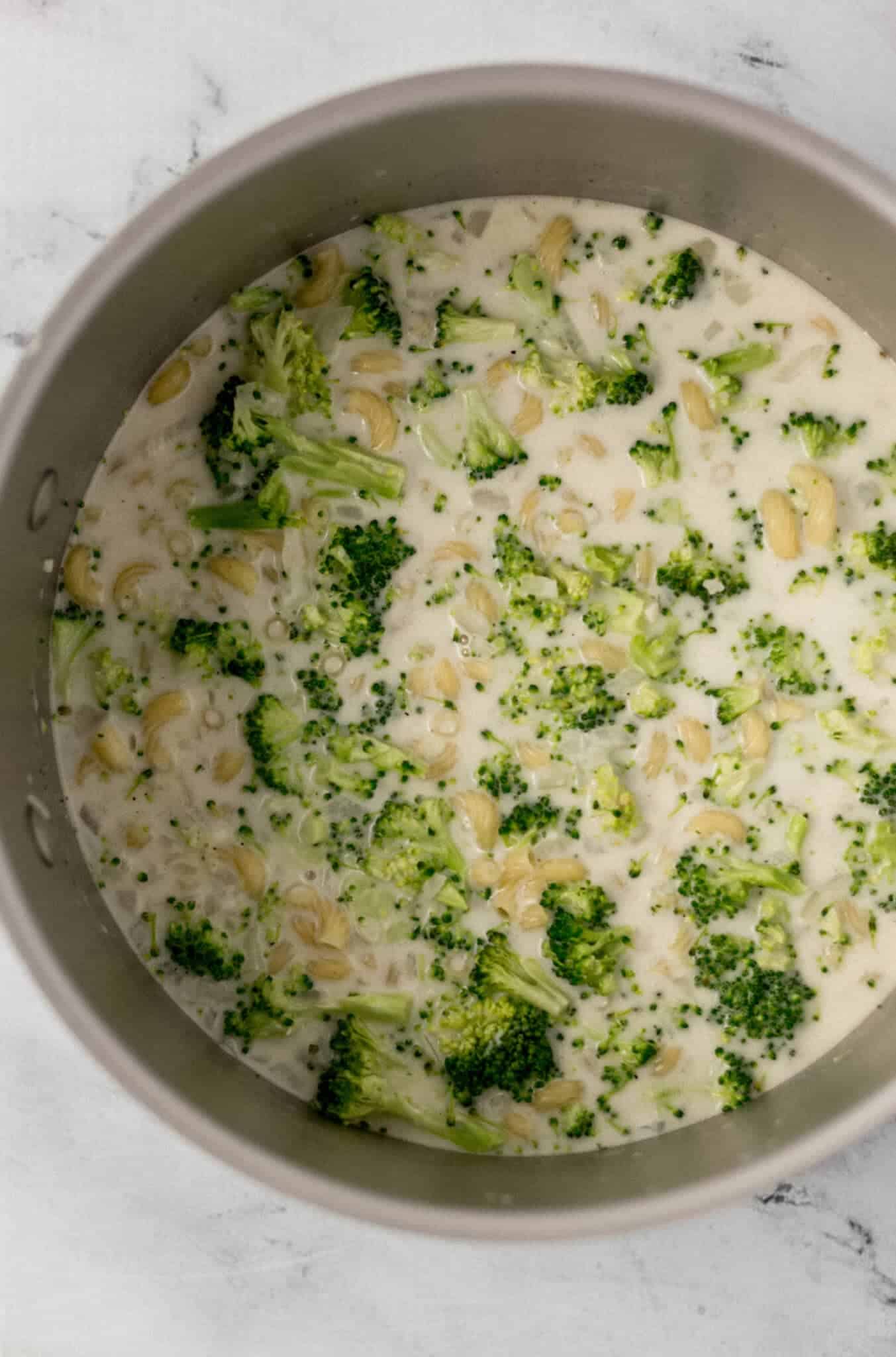 chopped broccoli added to pasta in pot