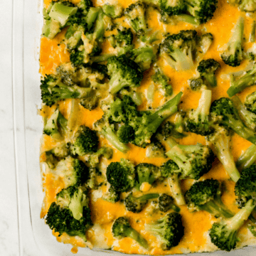 overhead view of chicken bake in glass baking dish