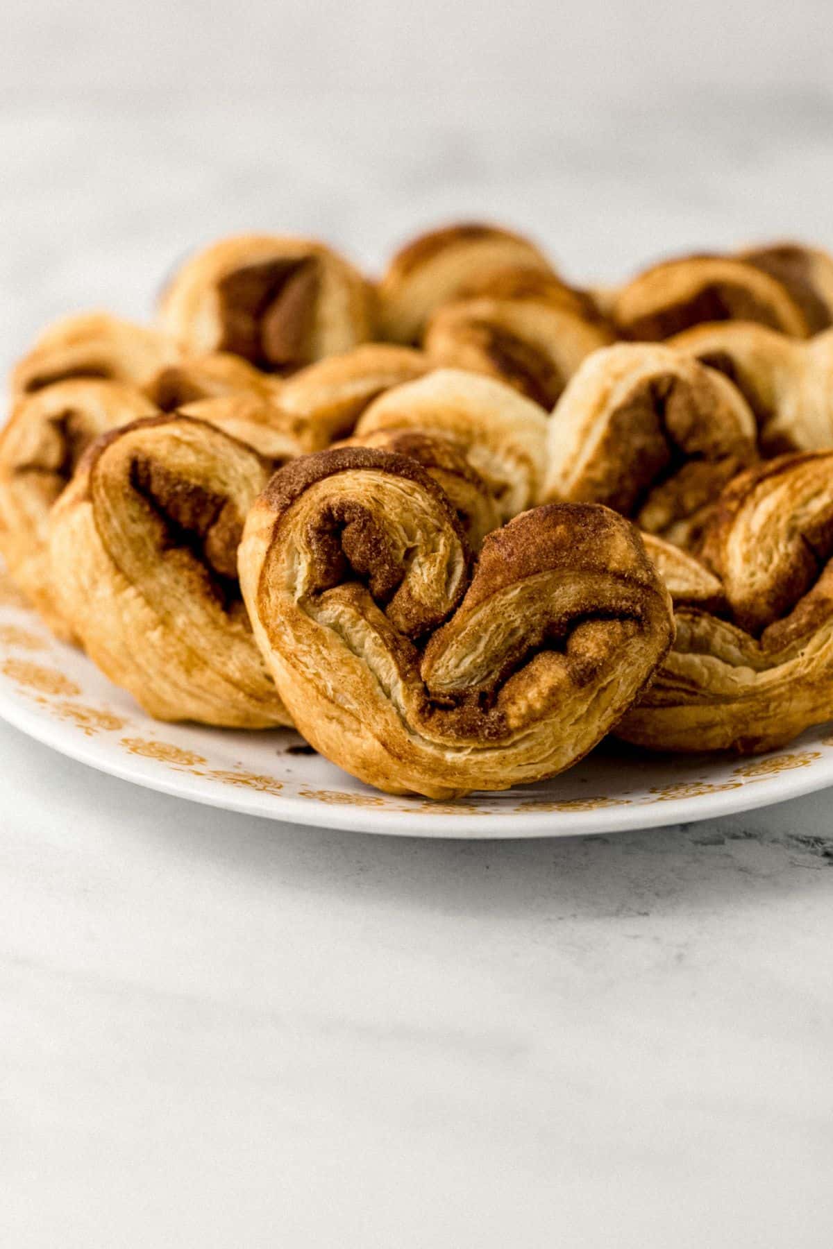 close up side view of elephant ear pastry on a plate 