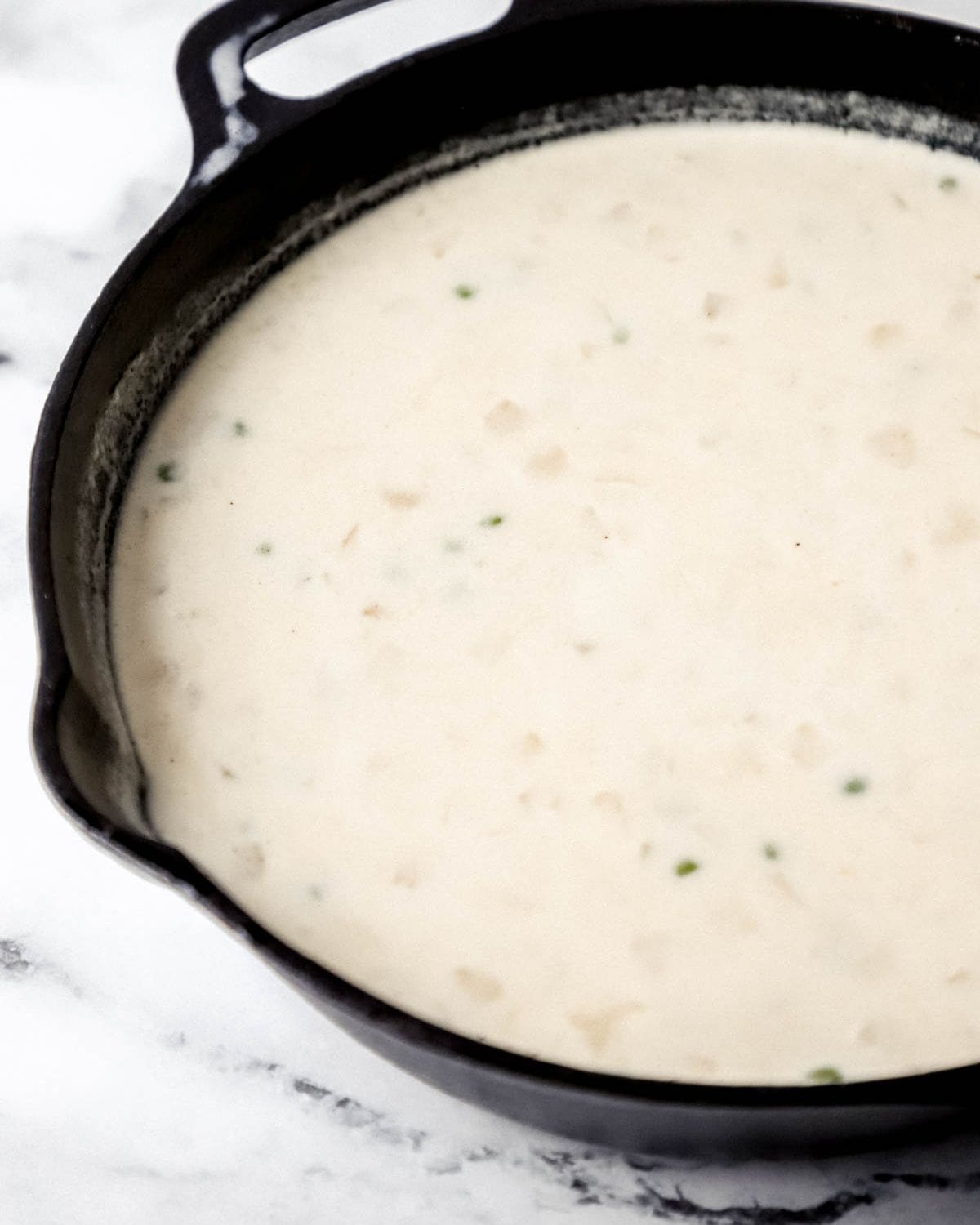 Close up side view of filling for pot pie in cast iron skillet. 