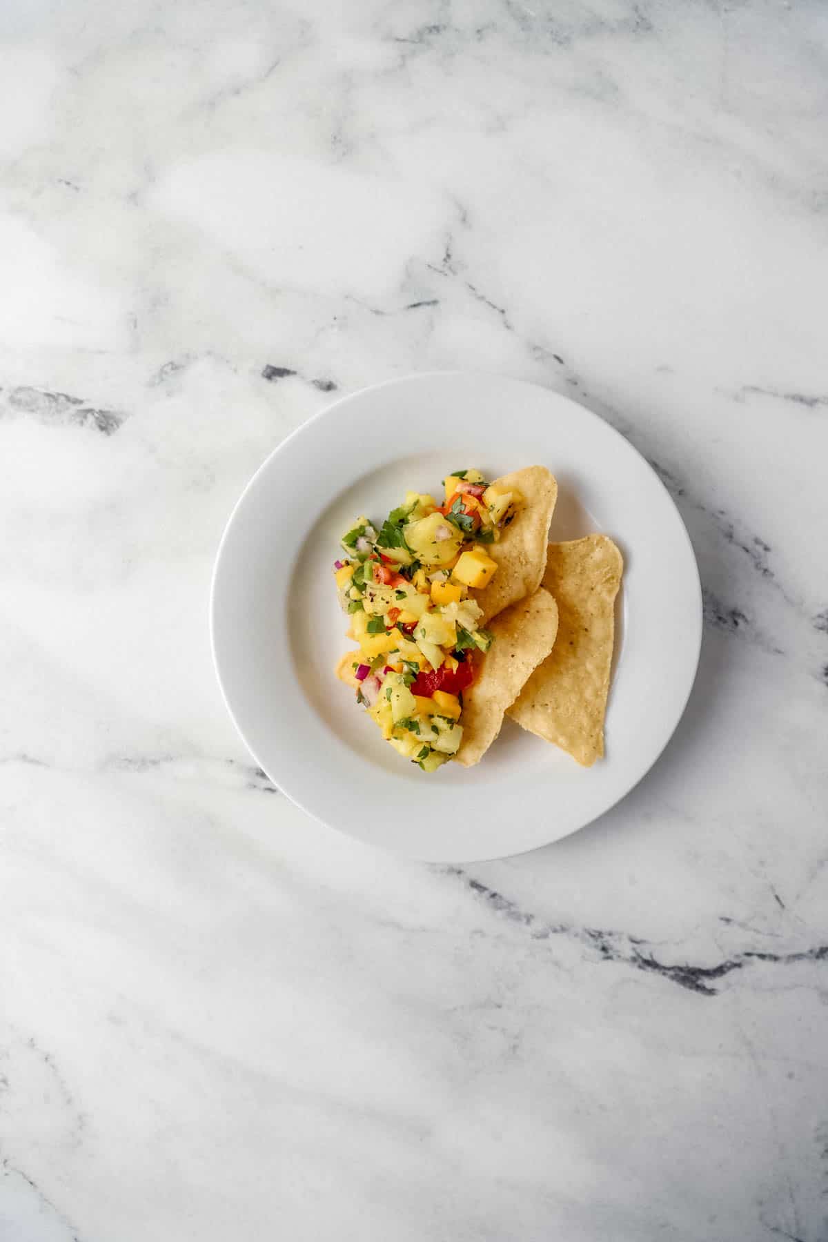 small white plate with three tortilla chips topped with salsa 