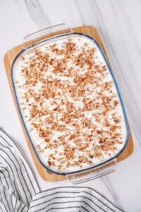 Overhead view of finished chocolate delight in glass baking dish.