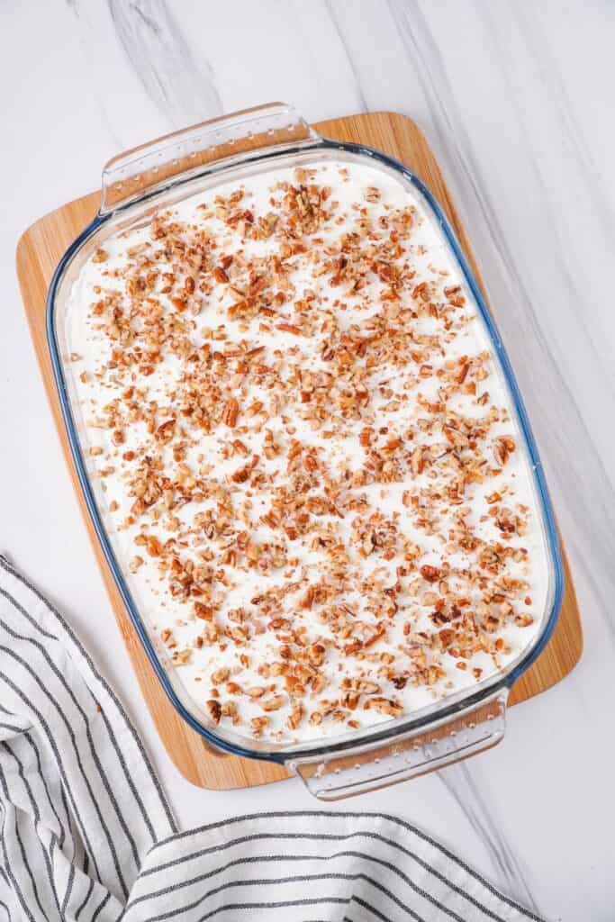 Overhead view of finished chocolate delight in glass baking dish.