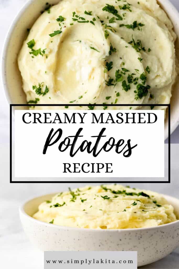 Two photos of finished mashed potatoes on pin with title text overlay.