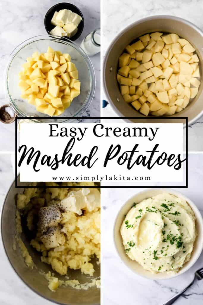Four process shots to make mashed potatoes pin with text overly of title.