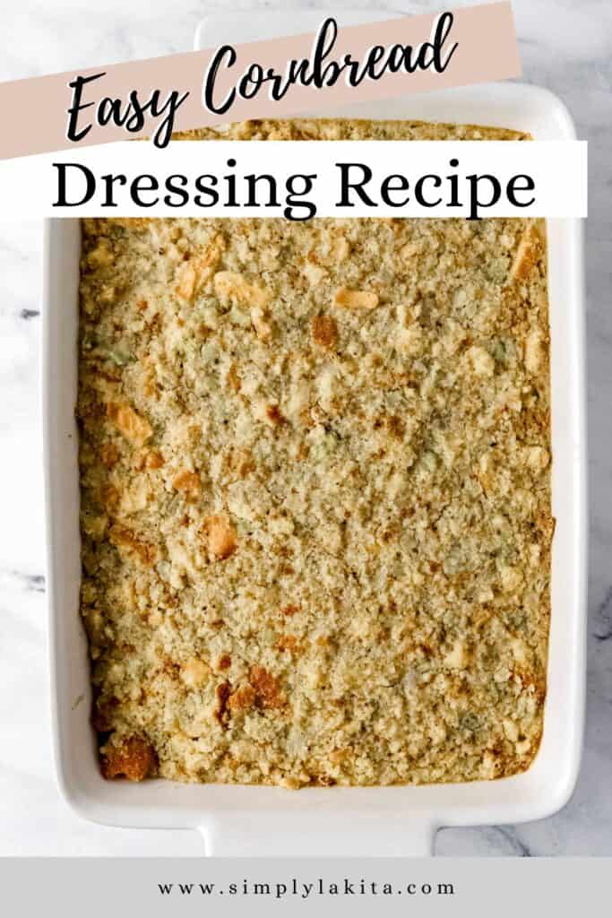 Dressing in white rectangle baking dish pin with text overlay.
