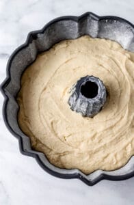Cake batter added to bundt pan.