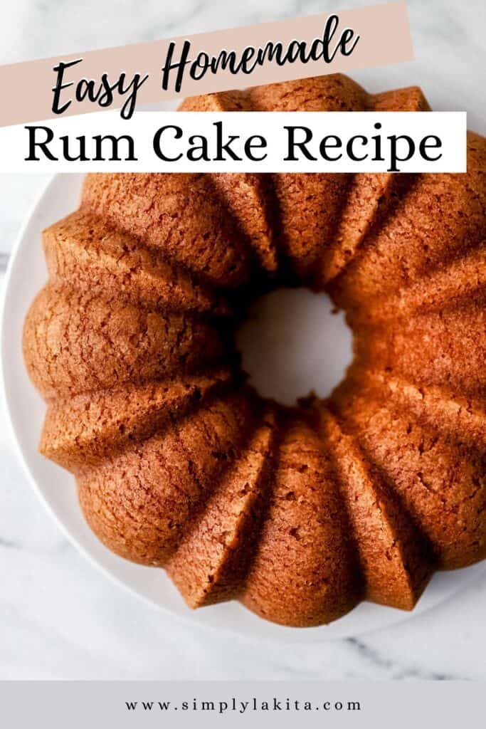 Finished rum cake on white plate pin with text overlay.