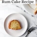 Piece of cake on white plate by a fork pin with text overlay.