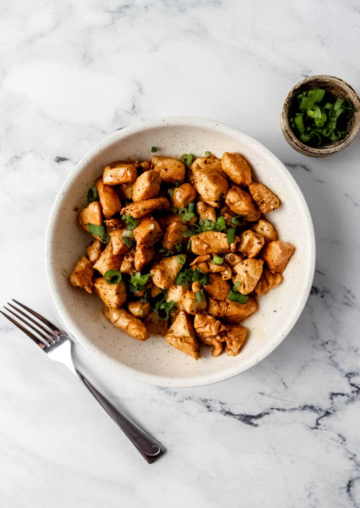 overhead view of bowl of chicken beside a fork and wooden bowl of green onions. 