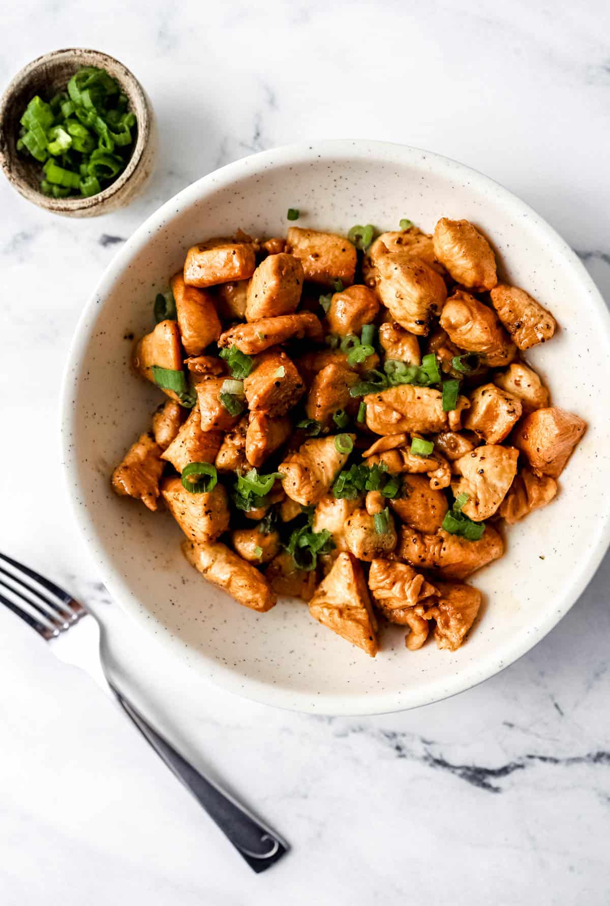 Cooked chicken in bowl topped with green onions beside a fork. 