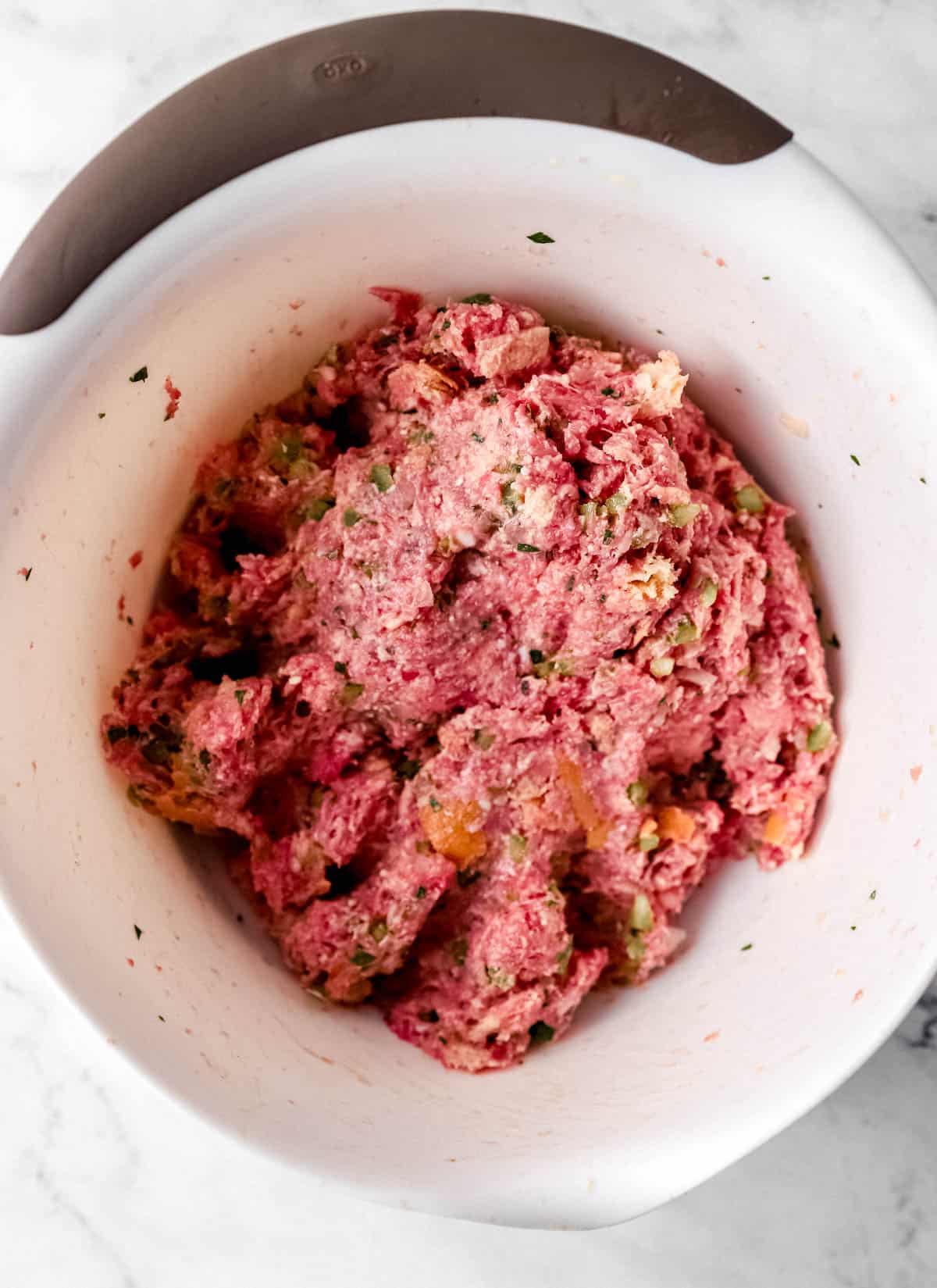 Meat mixture combined in large white mixing bowl. 