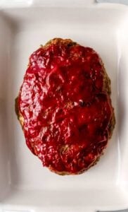 Overhead view of baked meatloaf.