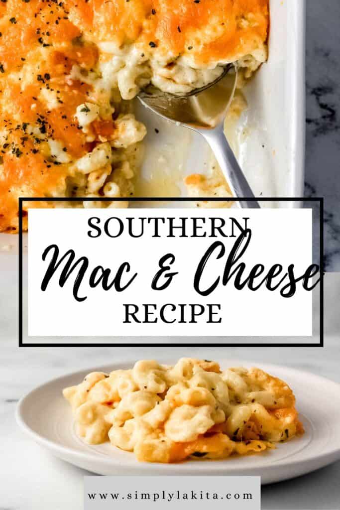 Two photos of finished mac and cheese on pin with text overlay.