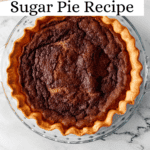Full baked pie in glass pie plate pin with text overlay.