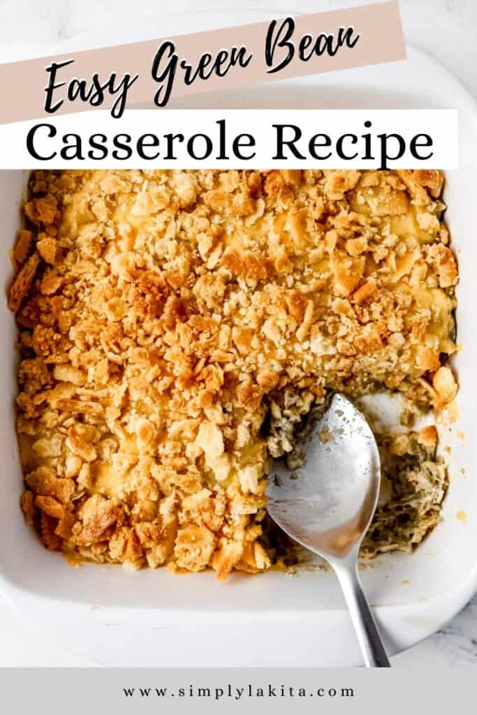 Overhead view of finished casserole with serving spoon in it pin with text overlay.