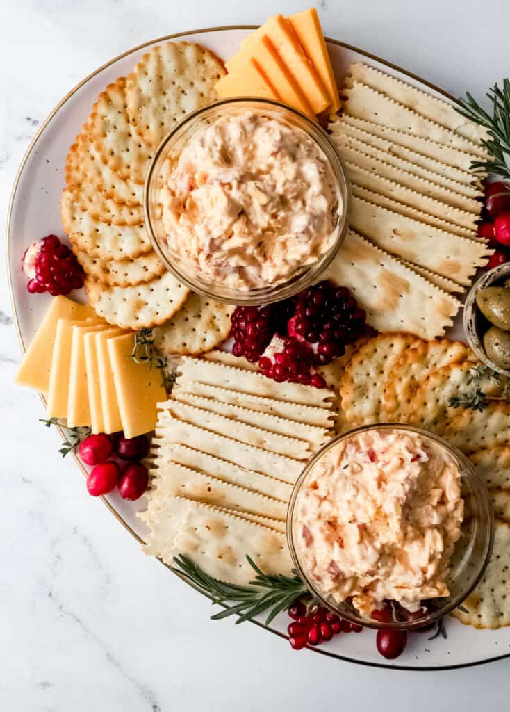 Snack board on white tray.