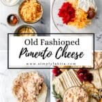 Four process shots to make pimento cheese on pin with text overlay.