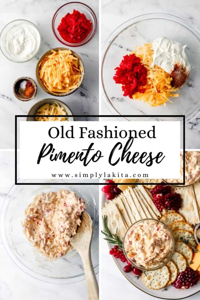 Four process shots to make pimento cheese on pin with text overlay.