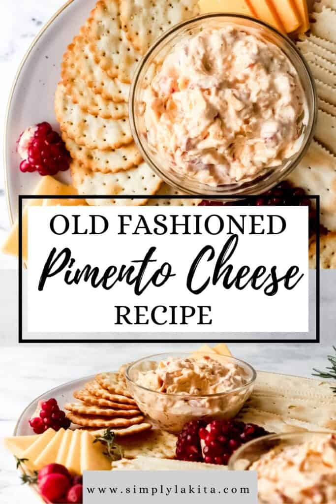 Two photos of finished pimento cheese in glass bowls on snack tray pin with text overlay.
