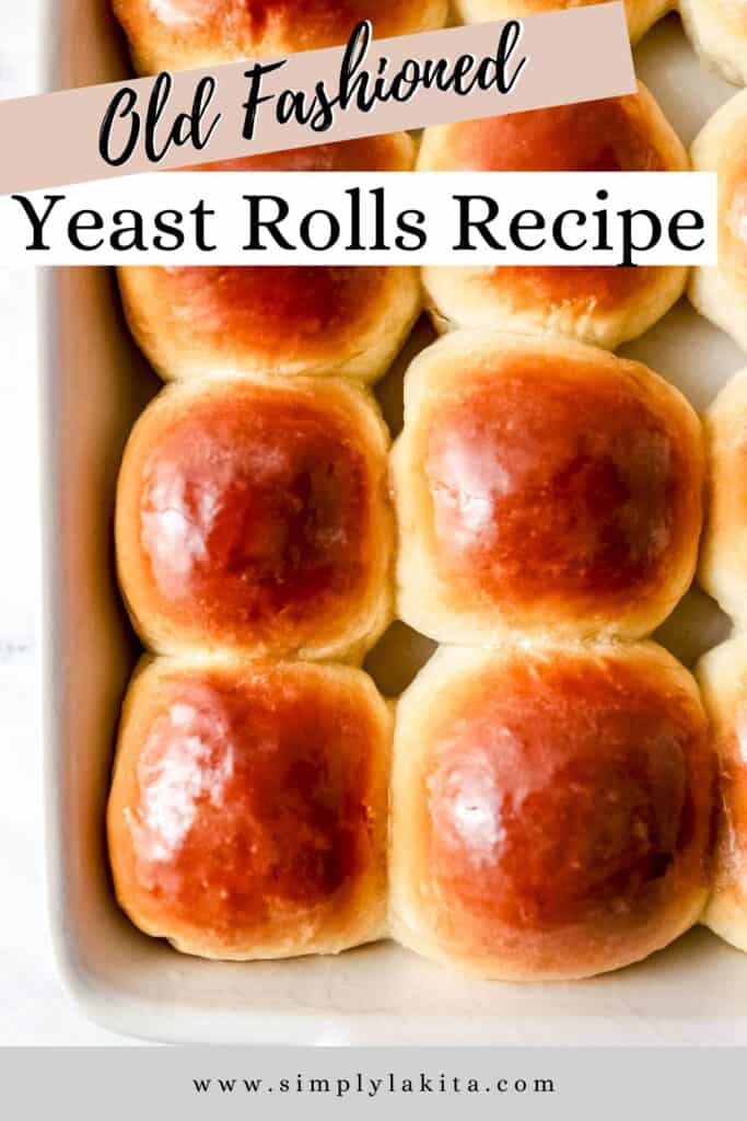 Close up view of baked rolls in baking dish pin with text overlay.