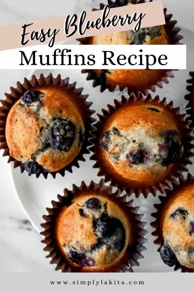 Close up view of baked muffins on white plate pin with text overlay.